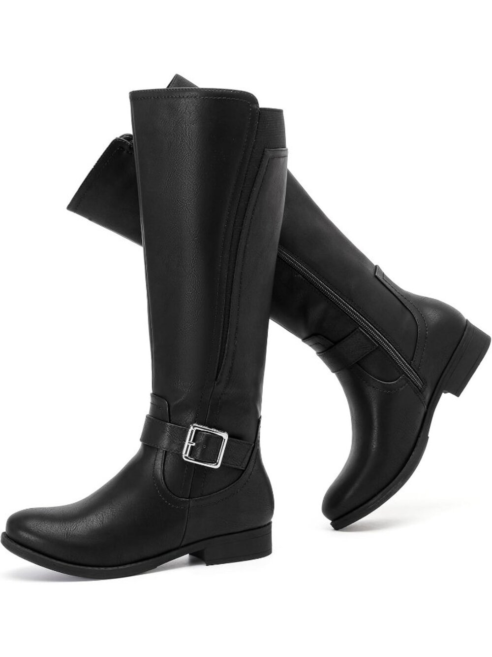 Women's Black Pu Knee High Boots Slouchy Casual Fashion Boots Side Zip Round Toe